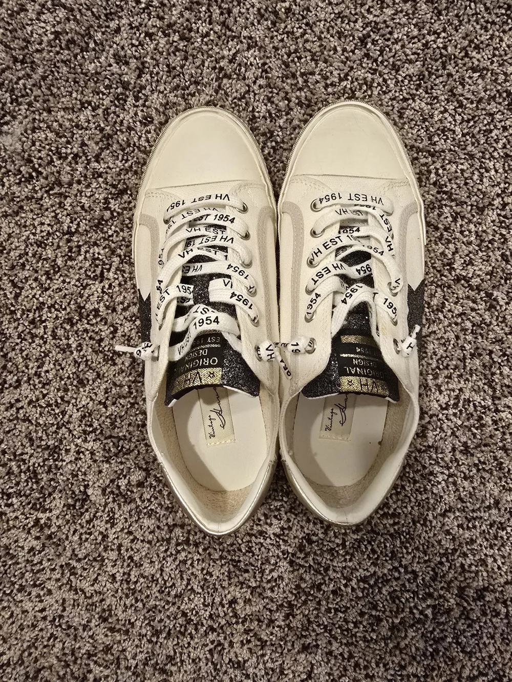 Vintage White Sneakers with Black Glitter Star Accent